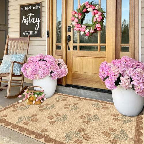 Othilic Floral Entry Rug - 3x5 Washable Indoor Outdoor Doormat with Scalloped Edges - Wheat/Tan/Sage, Boho Style