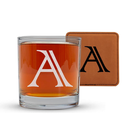 Orchers Personalized Scotch Whiskey Glass Engraved - Initial and Matching Leather Coaster (Single, [A])