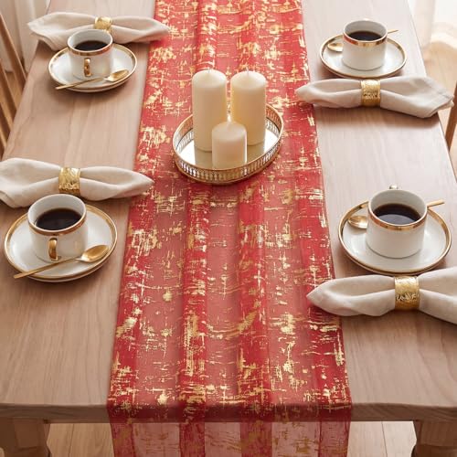 Artoid Mode Red Gold Gauze Table Runner 120in (28x120) Glitter for Christmas & Holidays