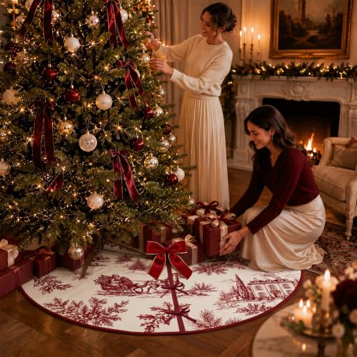 Foilswirl 48'' Red Toile de Jouy Christmas Tree Skirt - Vintage Santa Scene