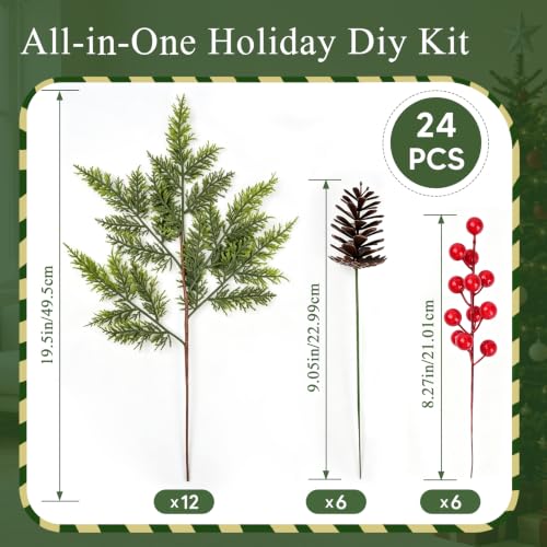Joyido 24PCS Red & Green Christmas Cedar Branches with Pine Cones & Berries