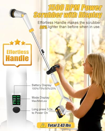 Electric Spin Scrubber with 50-Inch Handle and Smart Display - White, 1500RPM