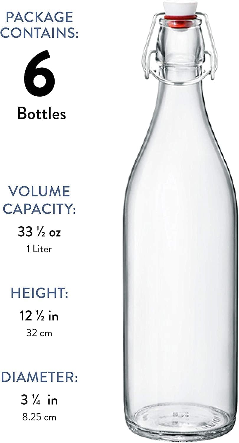 Bormioli Rocco Giara Swing Top Bottles 33 ¾ Ounce/1 Liter (6 Pack) ROUND Clear Glass Grolsch Flip Top Bottle With Stopper