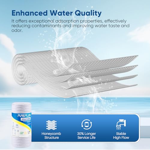 PUREPLUS 5 Micron Whole House Water Filter Cartridge 4 Pack for Well Water - 10 x 4.5 Inches