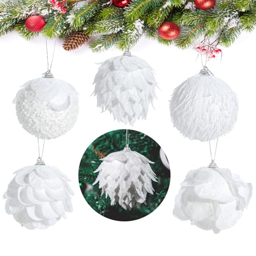 Christmas Tree Ornaments 5-Pack White Glitter Foam Balls for Xmas