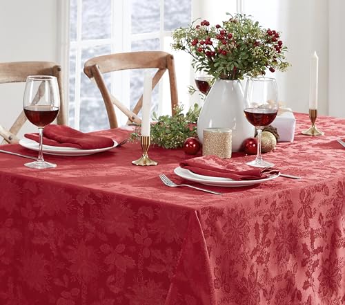Newbridge Red Christmas Carol Damask Rectangular Tablecloth 120x60 Inch - Holiday Wrinkle-Free Fabric Cover