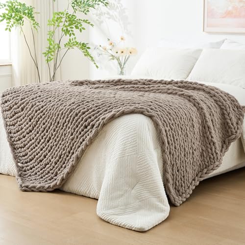 Bigacogo Chunky Knit Throw Blanket for Couch - Taupe with Pink Undertone, 80x90 Inches
