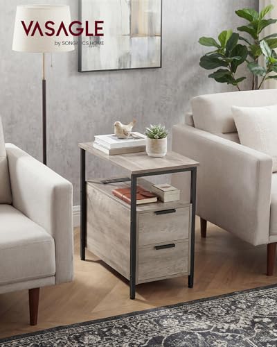 VASAGLE Slim Nightstand with Charging Station - Heather Greige + Ink Black, 23.6"D x 11.8"W