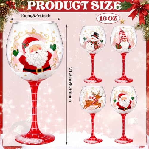 LemonRoad 4Pcs Hand Painted Christmas Wine Glasses Set - 16 oz, Santa, Reindeer, Snowman & Gnome (Variation: Cute)