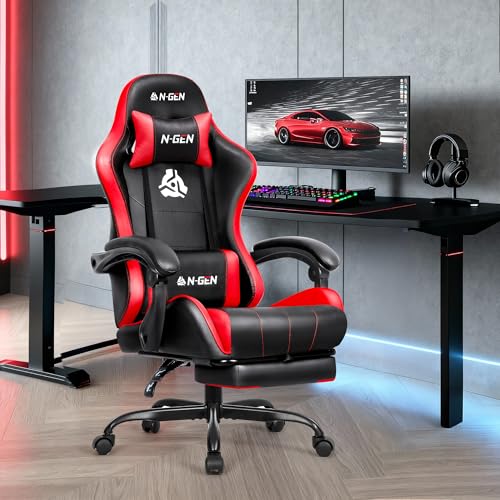 N-GEN Gaming Chair with Footrest, Lumbar Support, High-Back, Red Black Variation