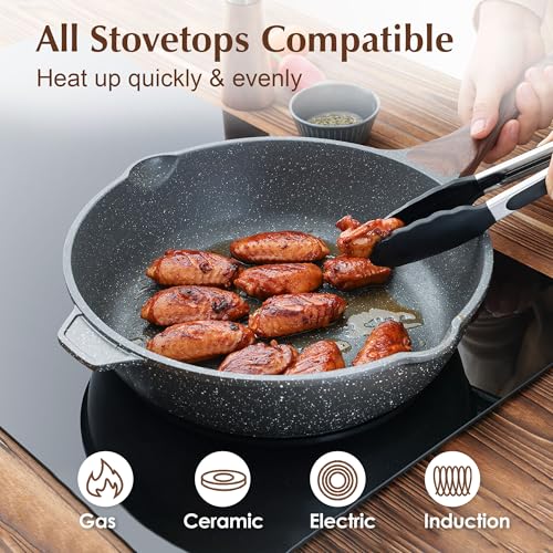 SENSARTE 12-inch Gray Nonstick Deep Frying Pan with Lid, Stay-Cool Handle, 5QT, Induction Safe