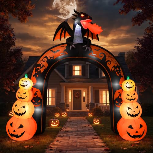 Giant Halloween Inflatable Archway with Dragon & Pumpkins - Outdoor Yard Decor, 10 FT Tall with LED Lights
