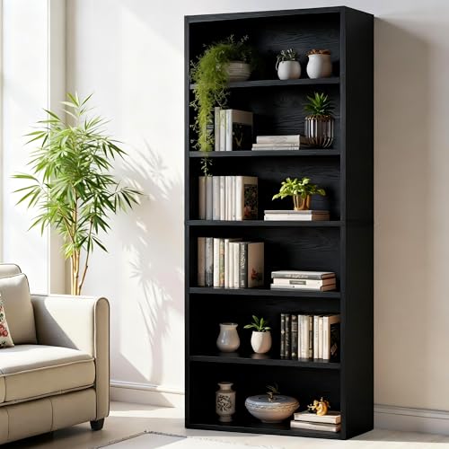 DUMOS Modern Black 6-Tier Tall Bookcase - 63 Inch Open Shelving for Living Room & Office