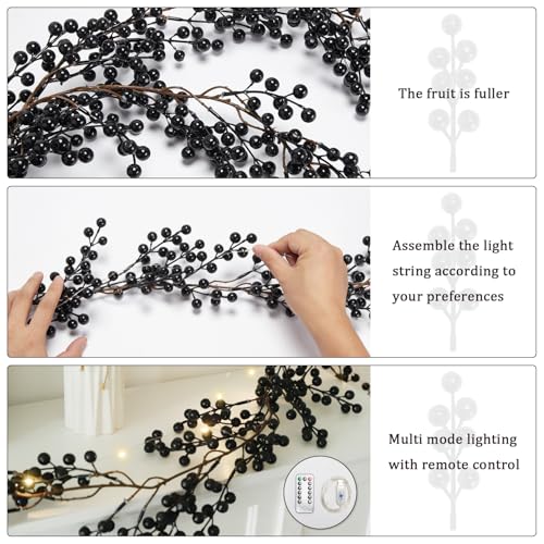 KAMJUNTAR Black Pip Berry Garland with Lights 6.4FT Artificial Black Berry Garland for Decorating Halloween Garlands Decorations for Home Outdoor Indoor Mantle Fireplace Table, Pack of 1
