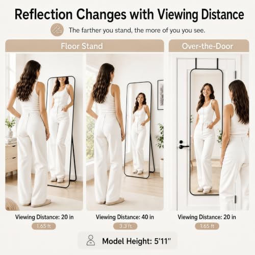 Black Full Length Floor Mirror 57x20 Inches, Freestanding & Wall Mountable