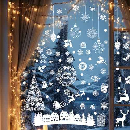 Christmas Window Stickers 146Pcs Christmas Window Clings - Double-Sided White House Tree Snowflake Decals Self Adhesive Windows Decoration for Xmas Holiday Winter Party 9 Sheets