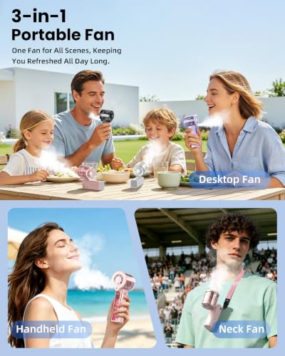 Portable Misting Fan with Mist - 3-in-1 Rechargeable Handheld Fan Rose Pink