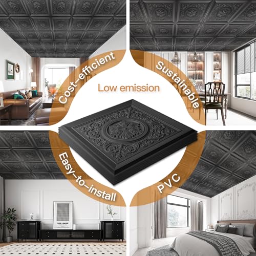 Black Drop Ceiling Tiles 24x24 Inches - Waterproof 3D Wall Art Pack of 24 - Vintage Style
