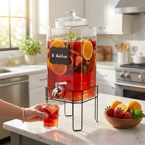 2 Gallon Glass Drink Dispenser with Stand and Leakproof Spigot - Lemonade Iced Tea Punch