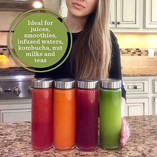 All About Juicing 16oz Wide Mouth Glass Water Bottles with Stainless Steel Lids — Pack of 4