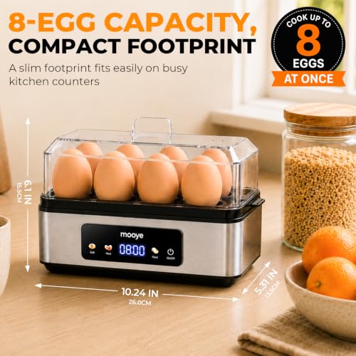 Mooye Silver Egg Cooker for Hard & Soft Boiled Eggs, 8-Egg Capacity, Auto Shut-Off
