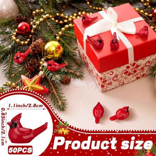 50 Pcs Christmas Mini Resin Red Cardinal Bird Figurines Tiny Cardinal Figurine Decor Small Christmas Ornaments for Gift Xmas Miniature Garden Crafts Cake Topper Decoration