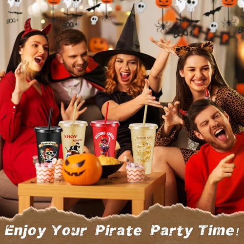 Uiifan 24 Pcs Pirate Plastic Cups with Lids & Straws - 24 oz Reusable Party Tumblers, Pirate Themed Birthday & Holiday Favors, 6 Styles