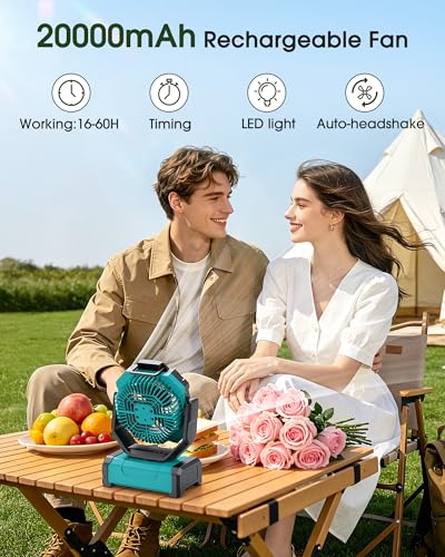 Portable Camping Fan with 20000mAh Battery, Oscillation & LED Light - Green Large