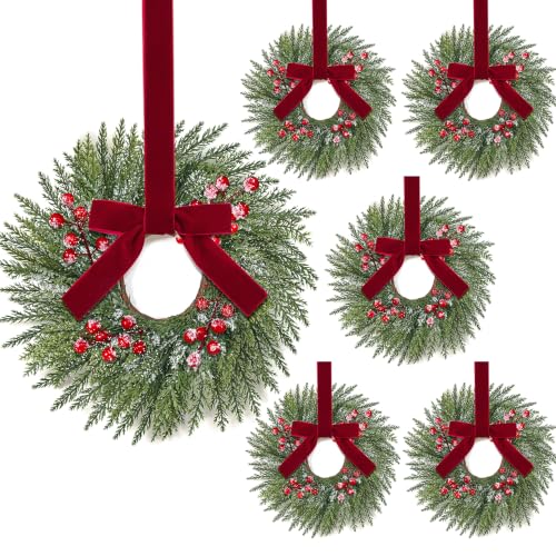 6Pcs 14-Inch Mini Christmas Wreaths for Cabinets with Velvet Bows - Festive Holiday Decor