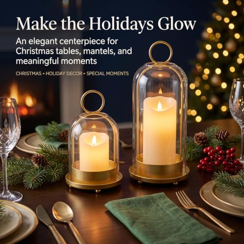 Gold Hurricane Glass Candle Holders Set of 2 - Metal Lanterns with Handmade Glass Domes