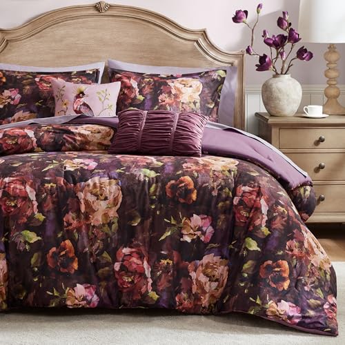 Purple Velvet Floral Comforter Set Queen 5-Piece - Shabby Chic Bedding