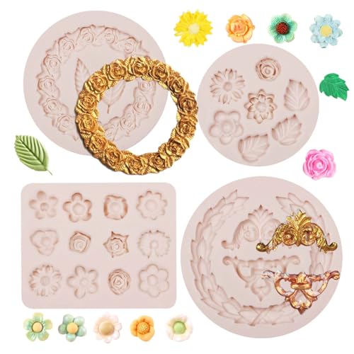 Mini Flowers Chocolate Molds Silicone, 4 Packs Rose Wreath with Leaves Relief Fondant Molds for Cake Decoration, Cupcake Toppers, Sugar Craft, Polymer Clay Resin