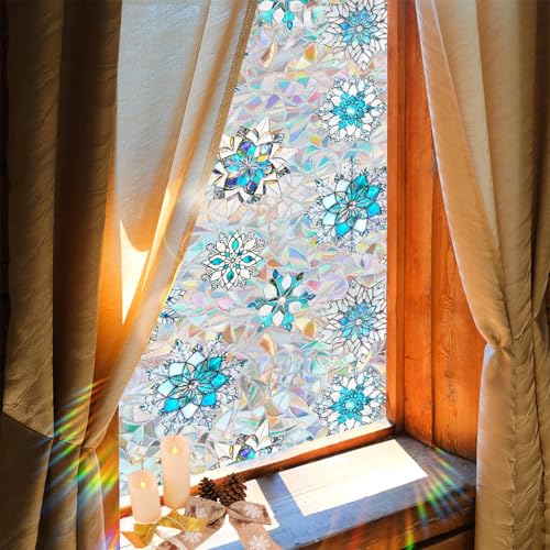 Niviy Christmas Window Clings 16.93 x 39.37in – Stained Glass Snowflake Film, Static Cling, Rainbow Shadows, Indoor/Outdoor Holiday Decor