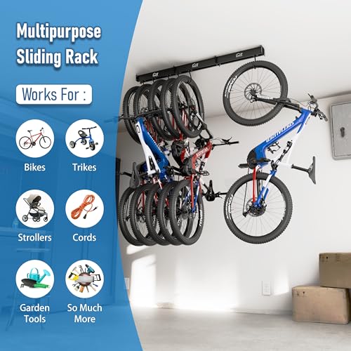 Ceiling Bike Rack Mount for Garage Storage - 6 Bikes, Sliding Hooks, Heavy Duty, Black, Variation of Black / 1 Set 6 Hooks