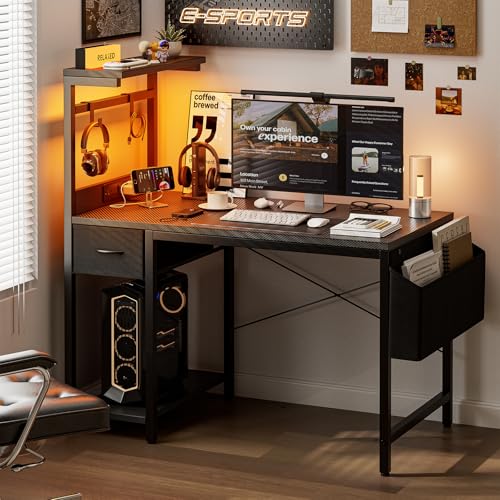 Grandder 40-Inch Gaming Desk with Power Outlet, LED Light & Reversible Shelves - Black (1 Drawer & LED)
