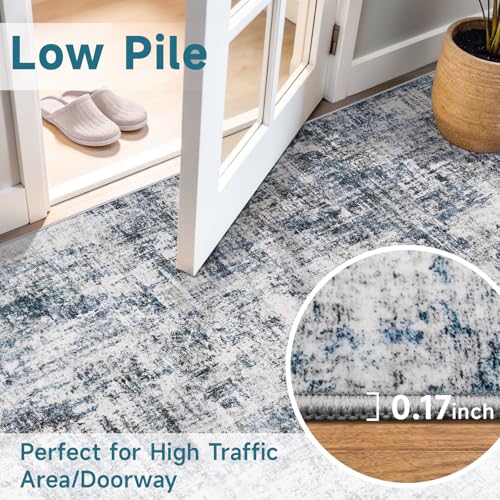 5x10 Blue Non-Slip Washable Hallway Runner Rug - Soft Low-Pile Area Rug