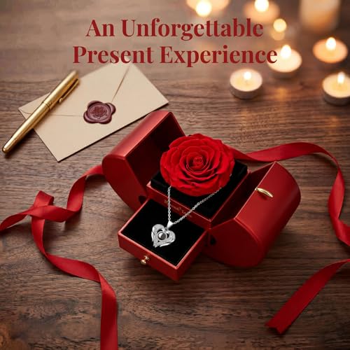 Moshen Preserved Real Red Rose with I Love You Necklace in 100 Languages - Romantic Gift for Girlfriend, Wife, Mom, Women - Christmas, Valentine's, Mother's Day
