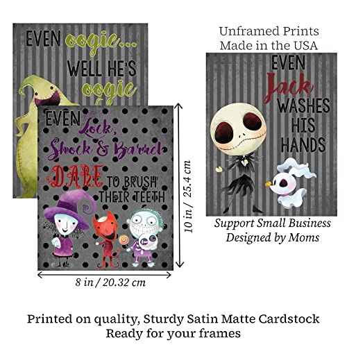 Silly Goose Gifts Character Themed Bathroom Wall Art Print Set - Even A Nightmare Will Brush Teeth Take A Bath Wash Hands- Funny Jack Bath Reminder Picture Decor