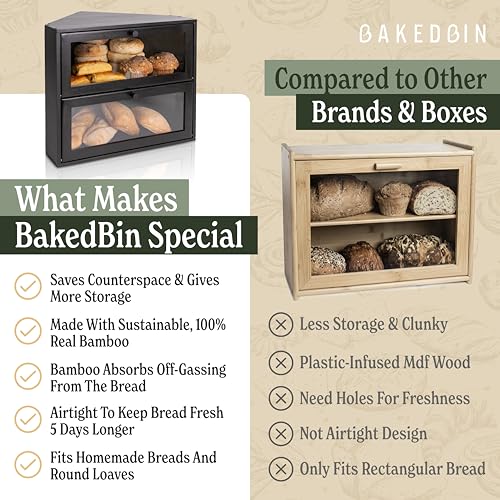 Black Corner Double-Layer Bread Box - Extra Large Bamboo Storage