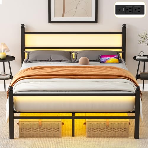 Full Size Bed Frame with Headboard & Footboard Black Metal Platform with LED & USB