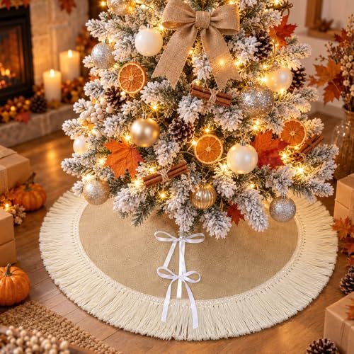 Mini Burlap Christmas Tree Skirt 24 Inch with Tassels – Small Fall Rustic Linen
