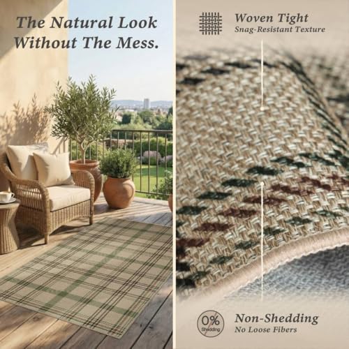 Outdoor Jute Plaid Rug 5x7 - Beige & Sage Green Tartan, Washable, Low-Pile