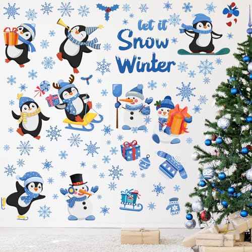 51 Pcs Hello Winter Wall Decals Stickers Let It Snow Penguin Window Clings Christmas Window Clings for Winter Holiday Living Room Nursery Bedroom Wall Decoration, 6 Sheets