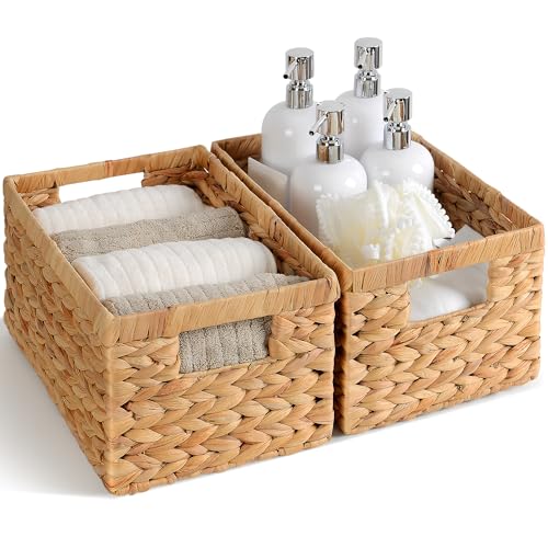 Set of 2 Water Hyacinth Wicker Storage Baskets with Handles - Natural Organizers for Shelves & Home