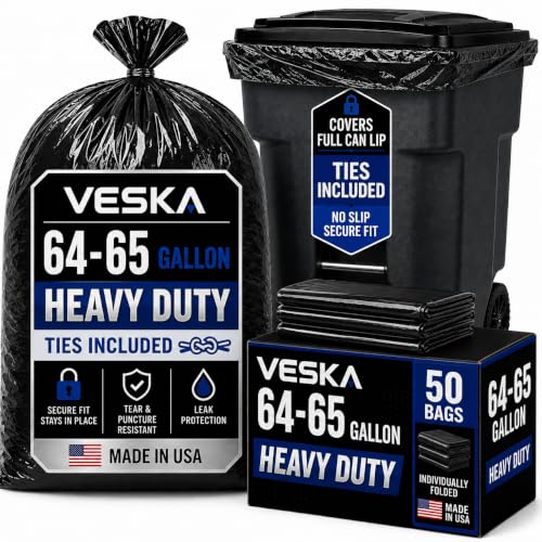 Veska 50 Pack 65 Gallon Heavy Duty Trash Bags for Toter - Extra Large Outdoor Garbage Liners