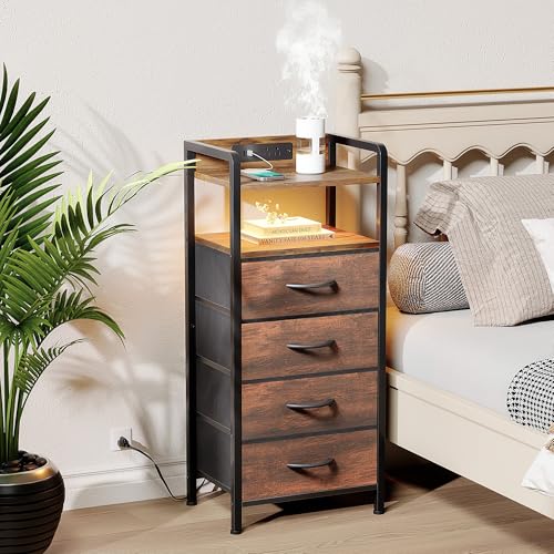 Lazzanto Rustic Brown Nightstand with 4 Drawers, Rear Charging Station & LED Light