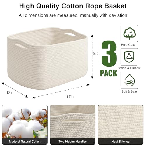 ICERZCZ Large Woven Cotton Rope Storage Baskets Off White 17x13x9.5 Inch 3 Pack