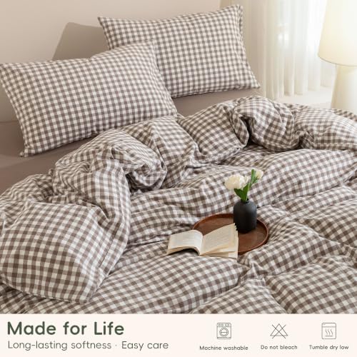 JIYUAN California King Cotton Duvet Cover Set Light Brown Gingham - No Comforter