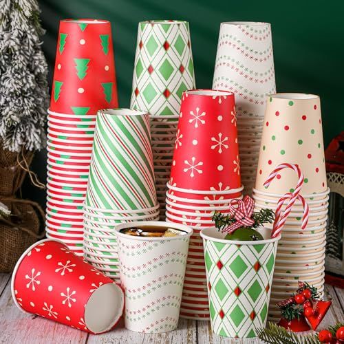 Funtery Christmas 16 oz Disposable Coffee Cups with Lids - 120 Pack, 6 Styles, Hot Cocoa & Party Drinkware