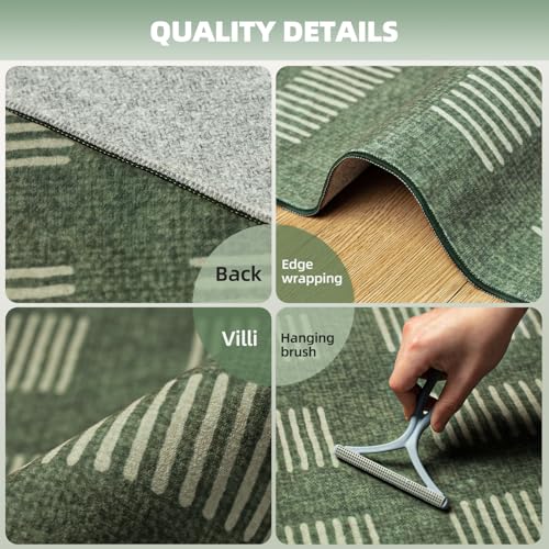 Sage Green 8x10 Washable Area Rug - Soft Faux Wool Retro Carpet with Non-Slip Backing